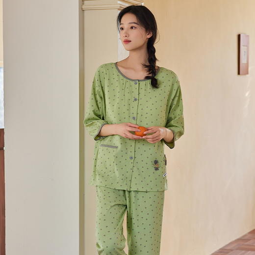 自然醒长歌（带胸垫）睡衣女夏季新款梭织云朵棉薄款夏天七分袖中年妈妈家居服QH 商品图3