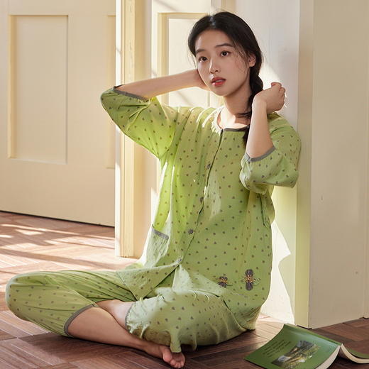 自然醒长歌（带胸垫）睡衣女夏季新款梭织云朵棉薄款夏天七分袖中年妈妈家居服QH 商品图10