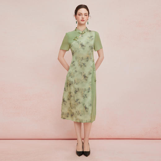 QF895斯尔丽2025新款新国风改良旗袍水墨国画清雅气质拼纱散摆连衣裙 商品图3