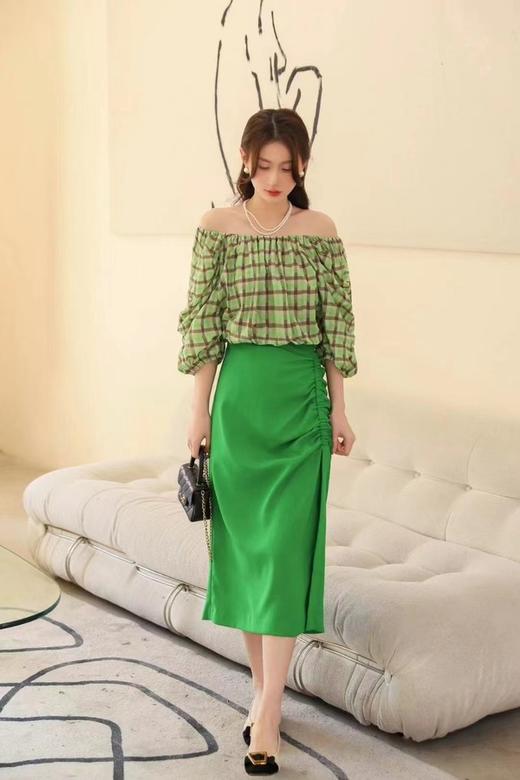 ANSUABEL 缎面抽褶亮绿色半裙 18465 商品图2