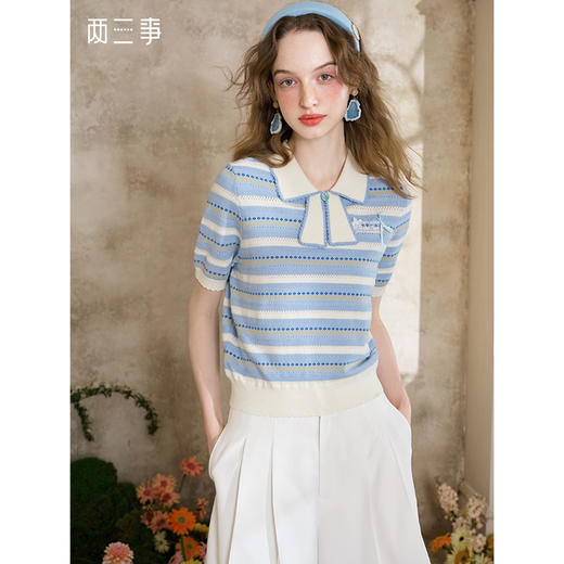 两三事蝶翼织梦2025夏新款小清新蕾丝拼接蝴蝶结翻领条纹针织衫女 商品图0