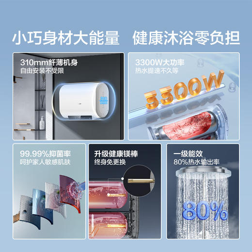 海尔（Haier）【H2双胆】80升电热水器 3300W 双镁棒 终身免更换 纤薄 水量可视 一级能效 ES80HD-H201U1 * 商品图1