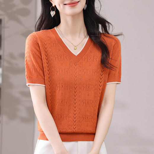 CC-103-97862   v领冰丝针织衫t恤女短袖夏季2025新款宽松薄款打底上衣 商品图1