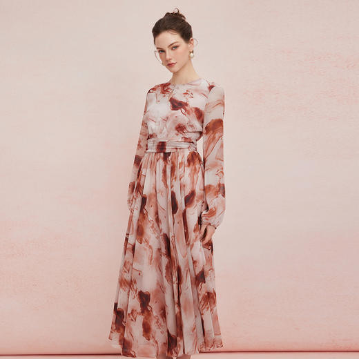 QF896斯尔丽25夏季新款法式优雅浪漫显瘦显高印花雪纺设计感放摆连衣裙 商品图7