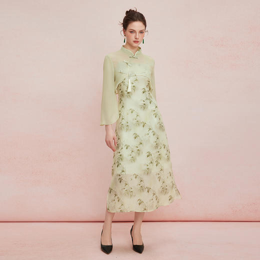 QF883斯尔丽25新款改良版旗袍抛袖薄纱上衣搭配印花内搭连衣裙两件套装 商品图3
