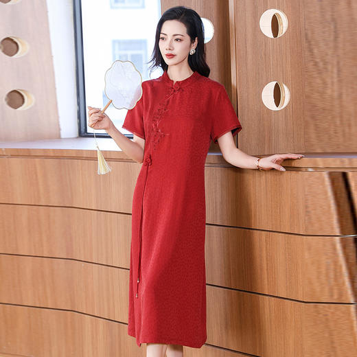 KQ-221929冠乐绉香云纱改良高考旗袍连衣裙夏季婚宴红色裙子礼服 商品图0