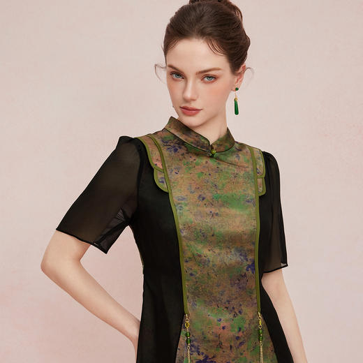 QF894斯尔丽25新款新国风改良旗袍水墨国画清雅气质精致配饰散摆连衣裙 商品图12