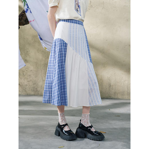 两三事 诗藤绮梦 2025夏季新款小清新格子条纹拼布a字半身裙长裙 商品图1