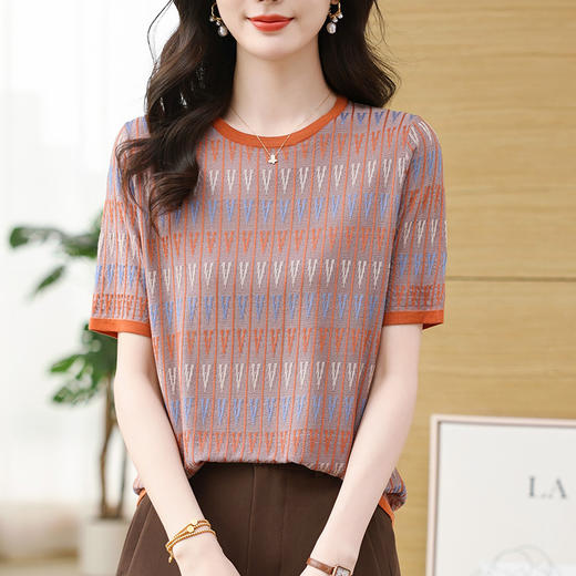 CC-XMY7678中年妈妈条纹短袖t恤天丝针织衫女2025夏季新款大码宽松上衣薄 商品图2