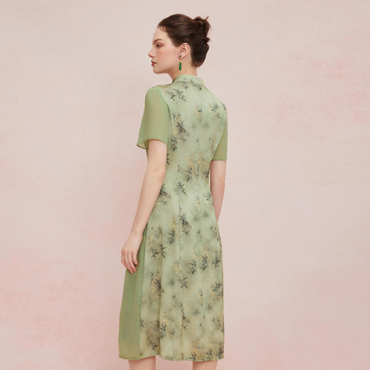 QF895斯尔丽2025新款新国风改良旗袍水墨国画清雅气质拼纱散摆连衣裙 商品图1