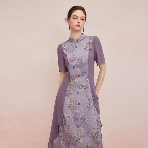 QF894斯尔丽25新款新国风改良旗袍水墨国画清雅气质精致配饰散摆连衣裙 商品图5