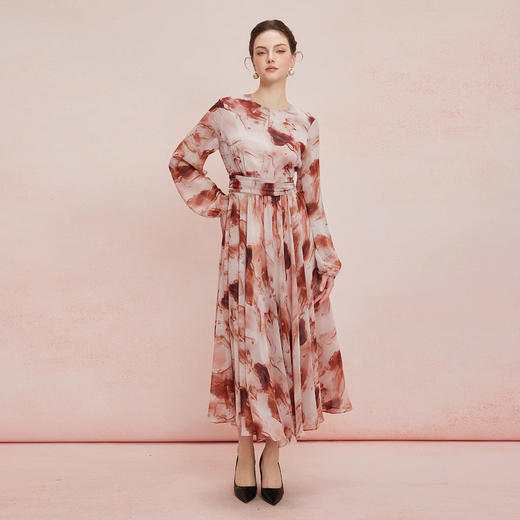 QF896斯尔丽25夏季新款法式优雅浪漫显瘦显高印花雪纺设计感放摆连衣裙 商品图9