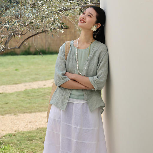 绽放旅行女装247朵/冰豆沙杨柳皱色织亚麻短开衫开门襟中袖防晒衫 商品图1