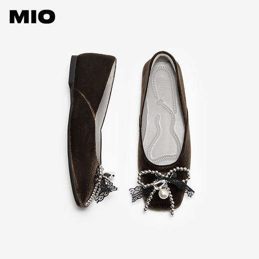 MIO米奥丝绒芭蕾鞋蝴蝶结玛丽珍平底法式浅口单鞋女M254401605 商品图3