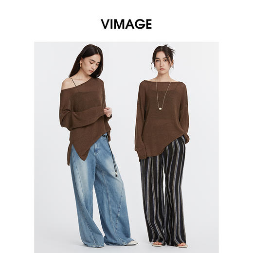VIMAGE纬漫纪棕色防晒罩衫慵懒一字领针织衫上衣2025夏季新款V2301936 商品图0
