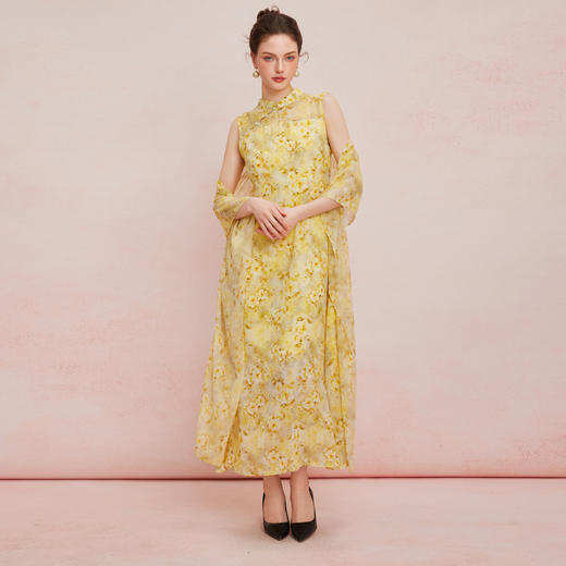 QF888斯尔丽2025新款法式浪漫轻奢印花改良旗袍薄纱多样穿搭披肩连衣裙 商品图8
