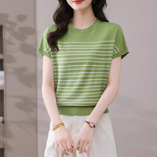 CC-103-98997夏季新款洋气条纹冰丝短袖t恤女士宽松显瘦遮肚子肉针织上衣T 商品图2
