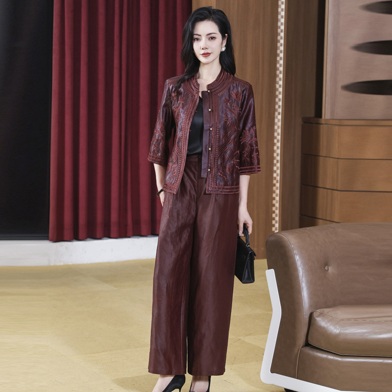 KQ-221903+221910香云纱老料重磅桑蚕丝松紧腰宽松显瘦气质女士阔腿裤时尚两件套装