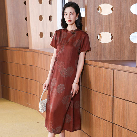 KQ-221918品牌新中式珍珠缎香云纱真丝连衣裙女2025新旗袍红云纱A字裙 商品图3