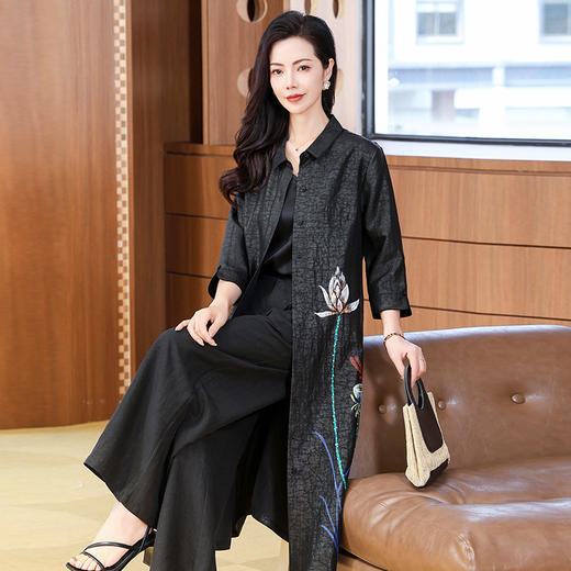 KQ-221933龟纹香云纱刺绣2025夏大码女装真丝休闲范宽松显瘦中长款衬衣裙 商品图2