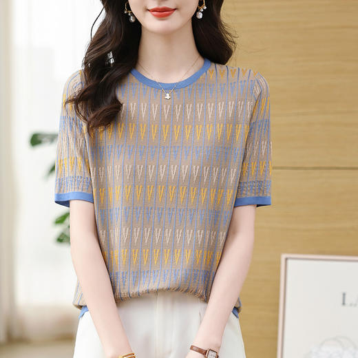 CC-XMY7678中年妈妈条纹短袖t恤天丝针织衫女2025夏季新款大码宽松上衣薄 商品图0