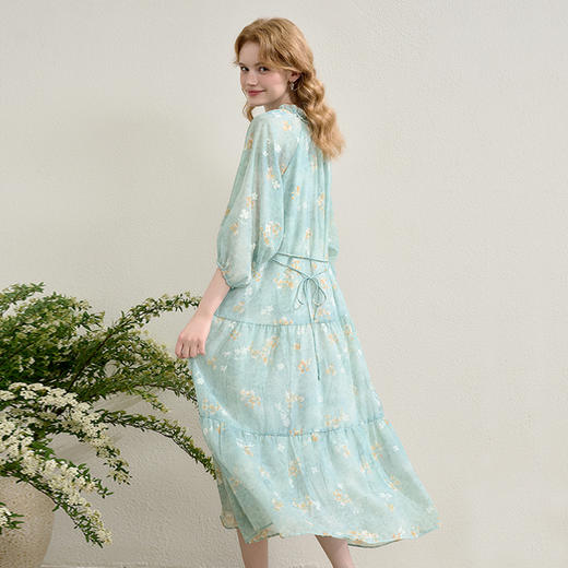 欧若风薄荷曼波度假风七分袖连衣裙女春夏晕染印花长裙V0750287 商品图4