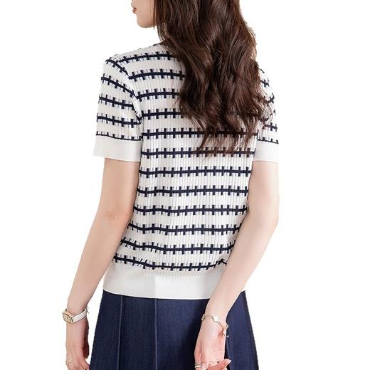 CC-58-307夏季小香风短袖t恤女小个子短款洋气卡腰上衣条纹冰丝针织衫薄款 商品图4