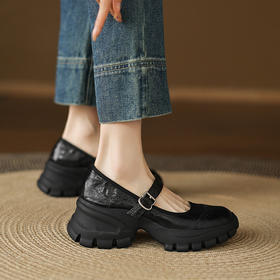 【预售5天】超舒适四季可穿羊皮版黑色厚底百搭玛丽珍女浅口圆头一字扣休闲单鞋MX&mx89726