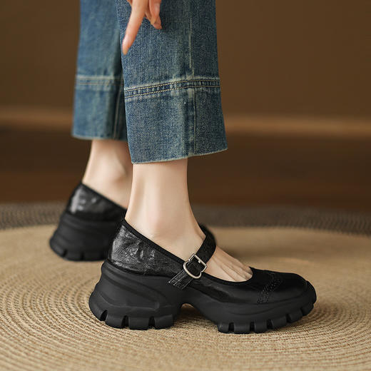 【预售5天】超舒适四季可穿羊皮版黑色厚底百搭玛丽珍女浅口圆头一字扣休闲单鞋MX&mx89726 商品图0