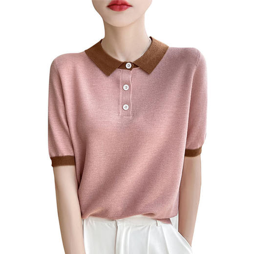 CC-XIX-194冰丝针织短袖t恤女2025新款时尚简约小翻领新款女装夏季上衣 商品图4