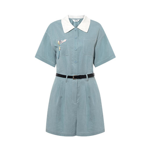 两三事 雾蓝芳痕 2025夏季新款复古绣花拼色翻领连体裤女宽松 商品图4