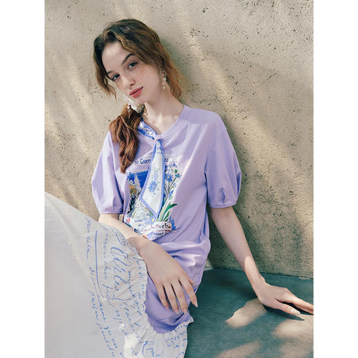 两三事 紫苑甜乡 2025夏季新款小清新领带印花t恤裙宽松连衣裙 商品图3