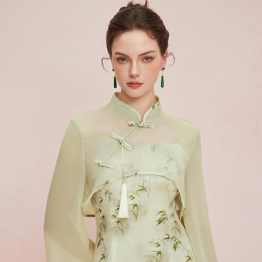 QF883斯尔丽25新款改良版旗袍抛袖薄纱上衣搭配印花内搭连衣裙两件套装 商品图4