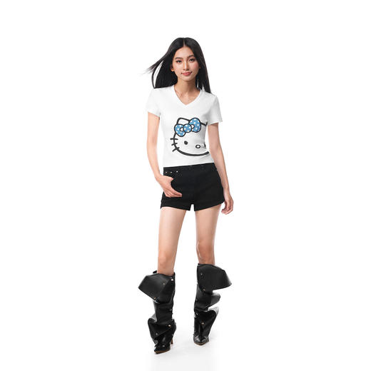 FDR官方店 撞色波点kittyV领短袖t恤女夏季辣妹正肩显瘦上衣 商品图1