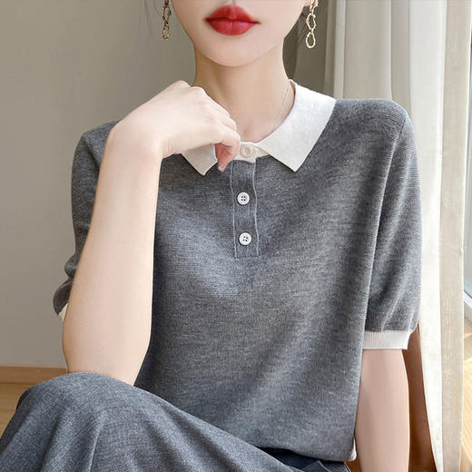 CC-XIX-194冰丝针织短袖t恤女2025新款时尚简约小翻领新款女装夏季上衣 商品图0