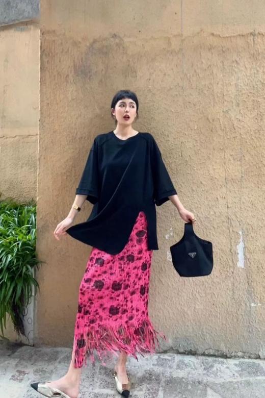 ANSUABEL 时髦款干枯玫瑰花褶皱流苏半裙 18393 商品图1