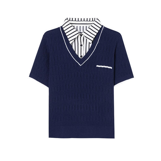 CC-66-2520衬衫领假两件上衣女夏季气质港风短袖t恤新款时髦洋气冰丝小衫 商品图4