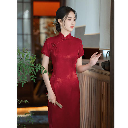GX春夏新款中式改良旗袍仿醋酸气质显瘦红色敬酒服日常高考旗袍 商品图3
