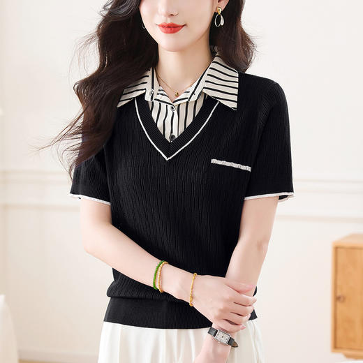 CC-66-2520衬衫领假两件上衣女夏季气质港风短袖t恤新款时髦洋气冰丝小衫 商品图1