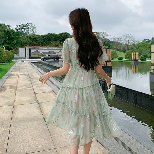 奢姿大码女装2025夏季减龄小花木耳边连衣裙胖妹妹方领时尚裙子9952869339【1】 商品图3