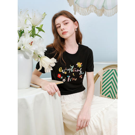 三彩2025夏季新款刺绣针织衫圆领短袖毛衫薄款撞色套头衫简约M 商品图1