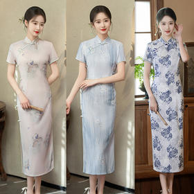 GX复古民族风长款侧八扣蕾丝短袖旗袍2025春夏新款大码旗袍裙