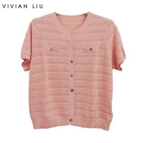 VIVIAN LIU C2536301 25夏季女装新款彩色扣镂空短袖毛衫