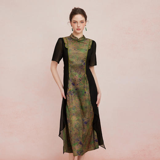 QF894斯尔丽25新款新国风改良旗袍水墨国画清雅气质精致配饰散摆连衣裙 商品图10