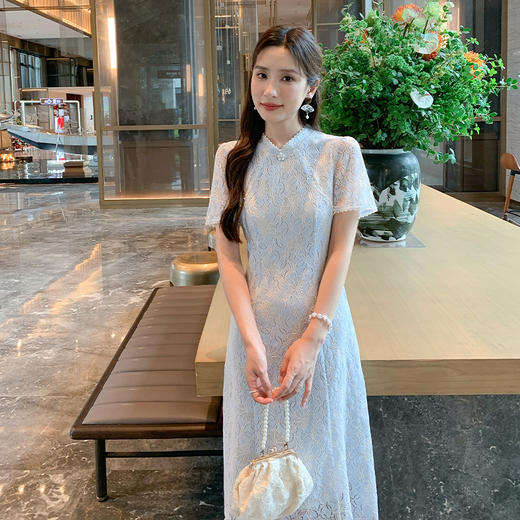 奢姿大码女装2025夏季胖妹妹时尚气质优雅复古短袖蕾丝立领连衣裙9952853316 商品图2