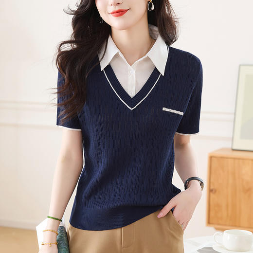CC-66-2520衬衫领假两件上衣女夏季气质港风短袖t恤新款时髦洋气冰丝小衫 商品图2