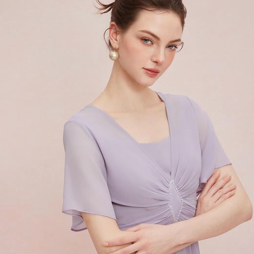 QF890斯尔丽25新款法式优雅立体手工压褶收腰太阳摆雪纺飘逸浪漫连衣裙 商品图4