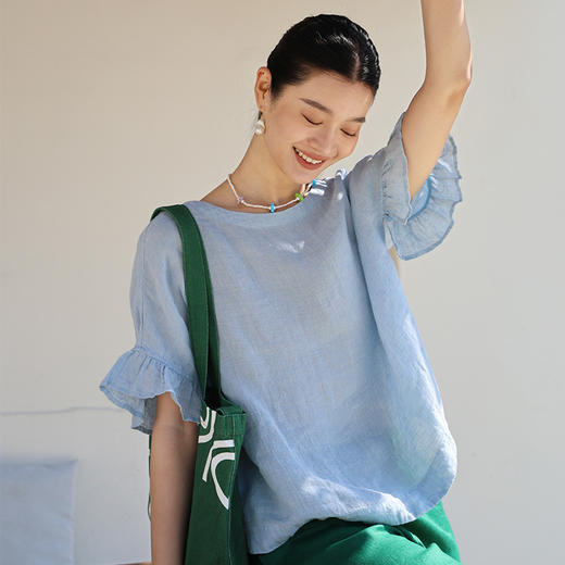 绽放旅行女装222朵/荷叶小衫高支皱纹色织亚麻一字领荷叶袖T恤衫 商品图1