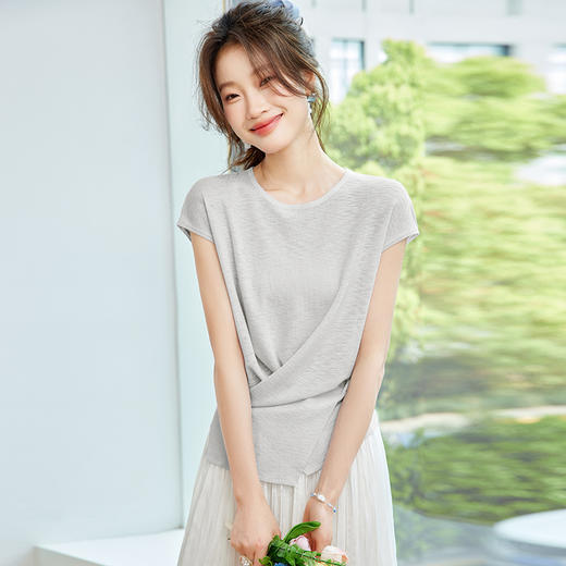 CC-SD7062冰丝短袖t恤女夏季2025新款修身交叉薄款针织衫别致上衣收腰小衫 商品图2