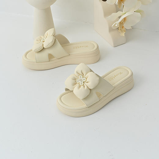 经典鲨2025年夏季牛皮革甜美减龄蝴蝶结平底室内外凉拖鞋女KW296-529021 商品图1